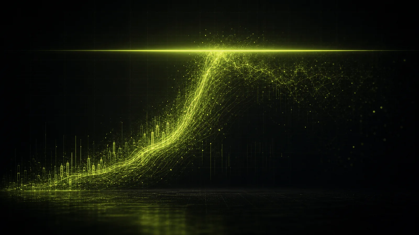 A surge of buy pressure rising into a glowing ceiling and dissipating into exhaustion