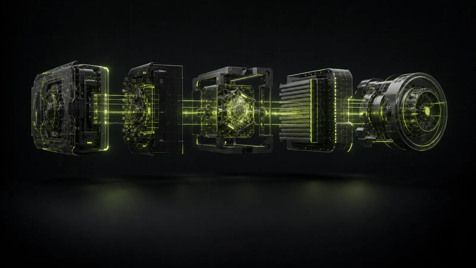 Five glossy modules assembling into one precision trading system
