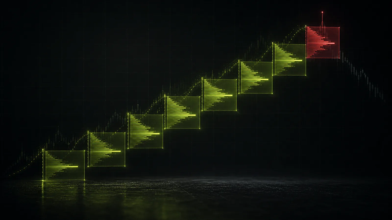 An ascending stack of glowing value boxes with a failing top