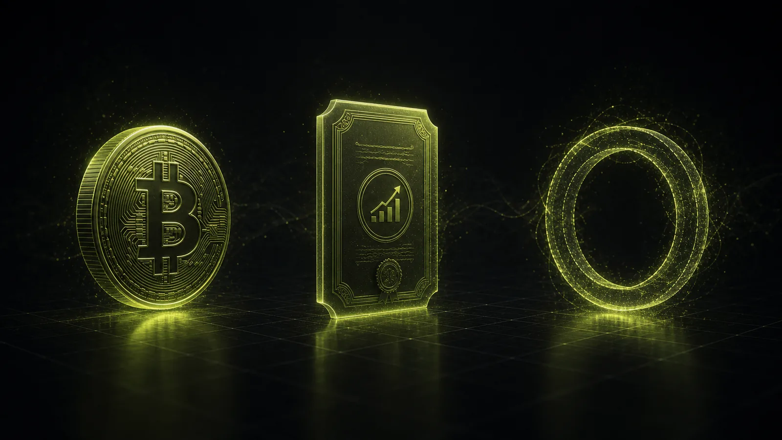 A coin, a share sliver, and a translucent derivative ring sit side by side