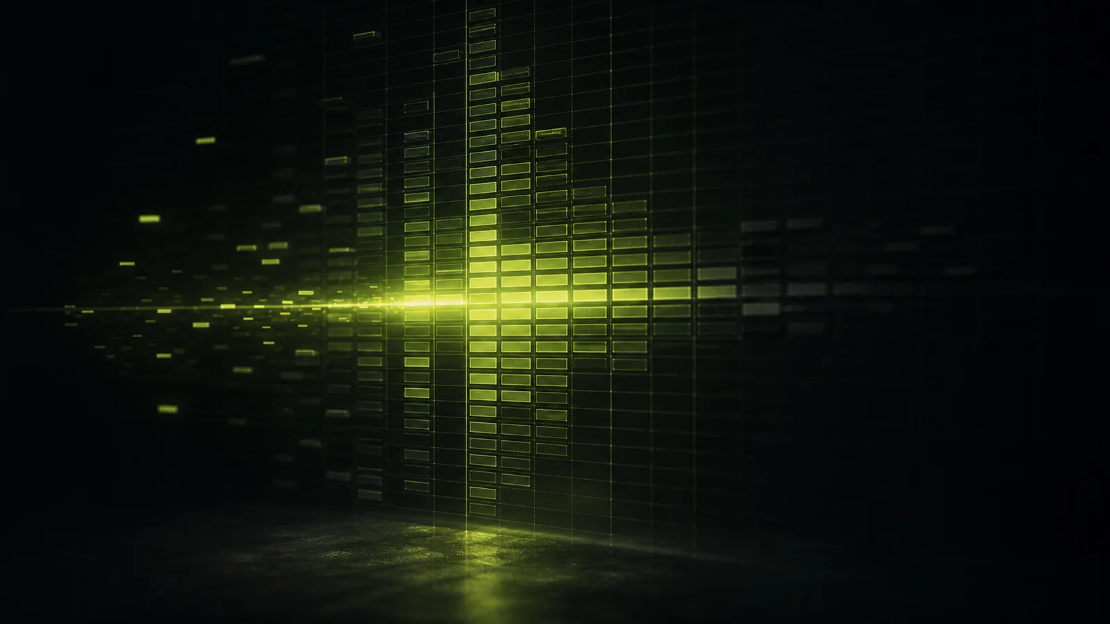 A glowing order flow grid with a bright cell where aggression was absorbed