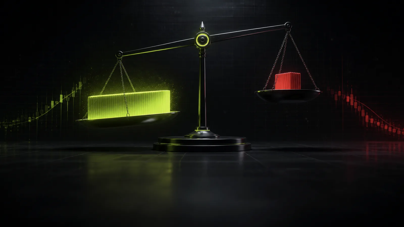 A lime edge side outweighs a smaller red loss side on a glowing balance