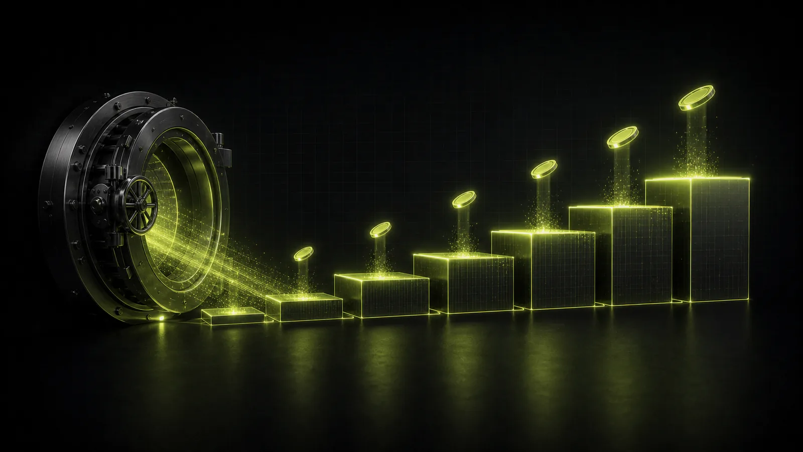A vault releases widening blocks and payout discs along a growing staircase