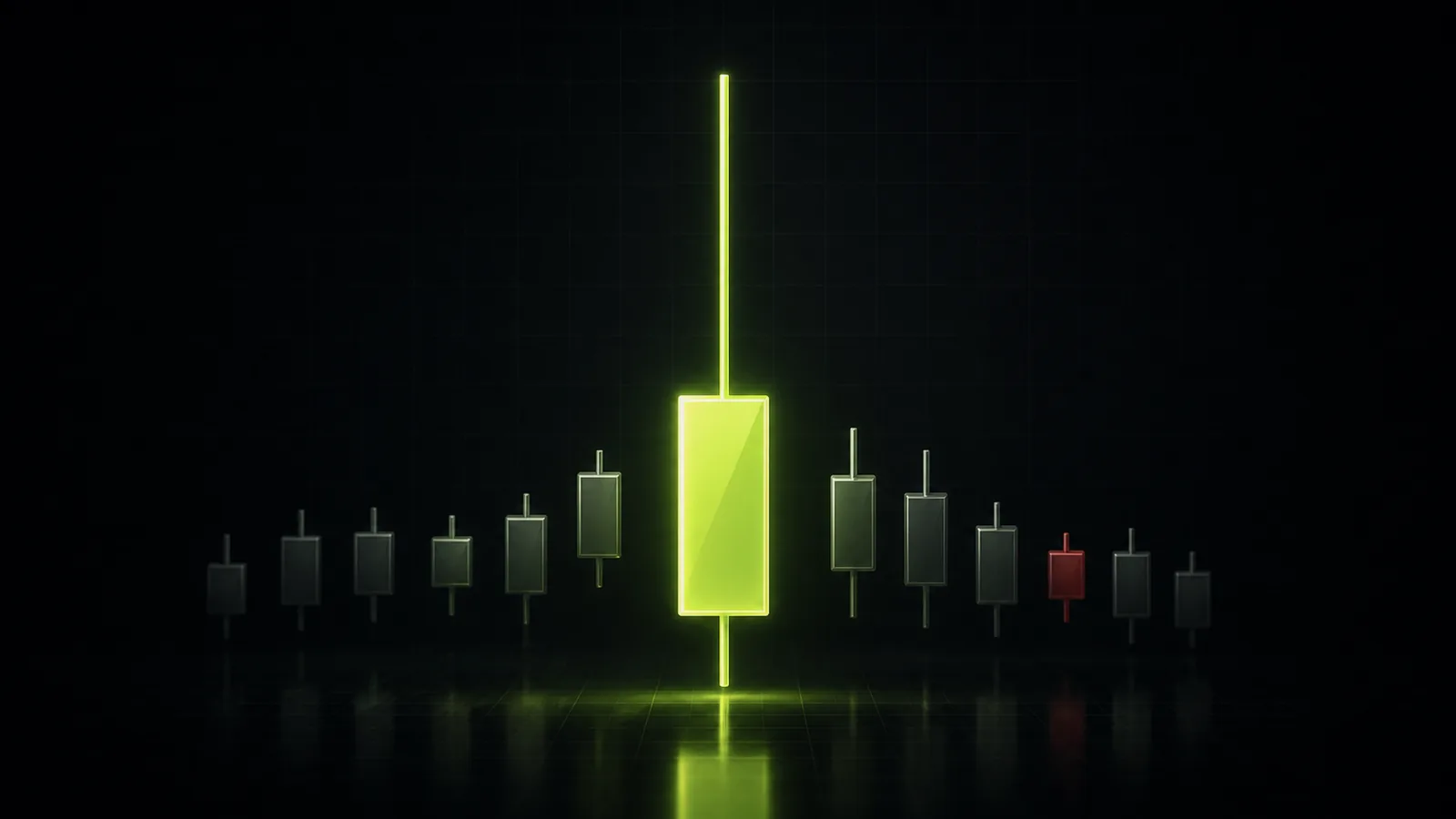 A single luminous lime candlestick reveals open high low and close