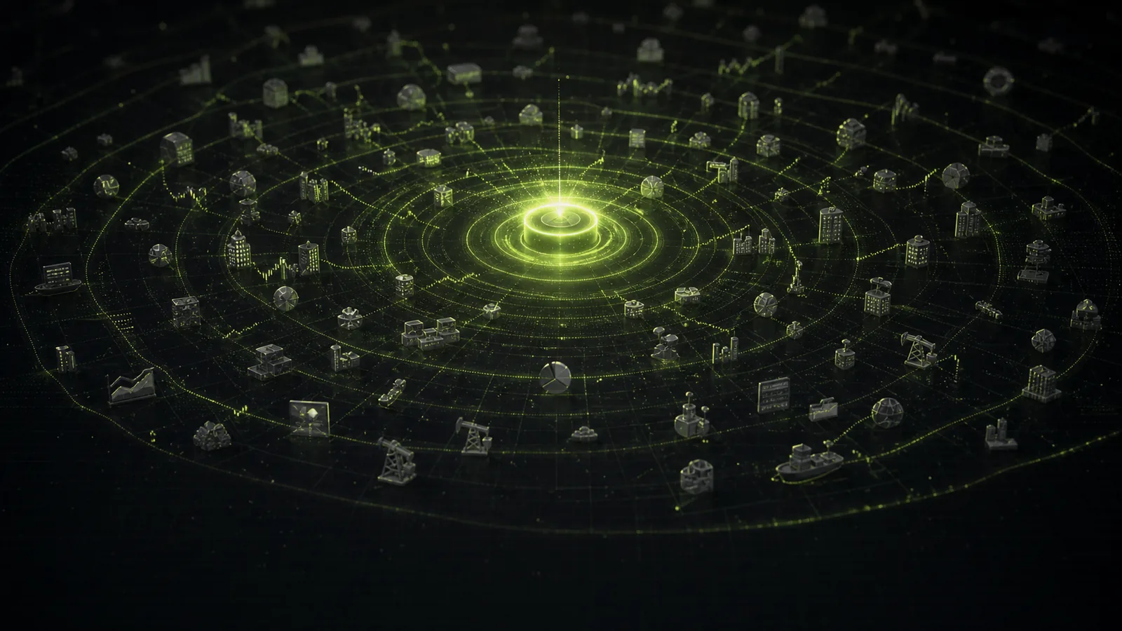 A glowing central rate dial sends ripple rings across asset markers
