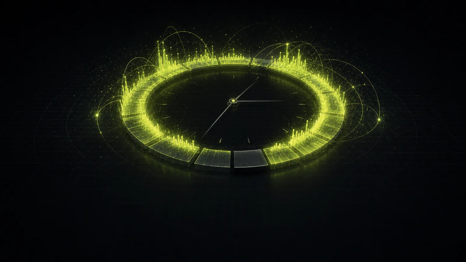 A ring of market sessions alternates between busy and quiet segments