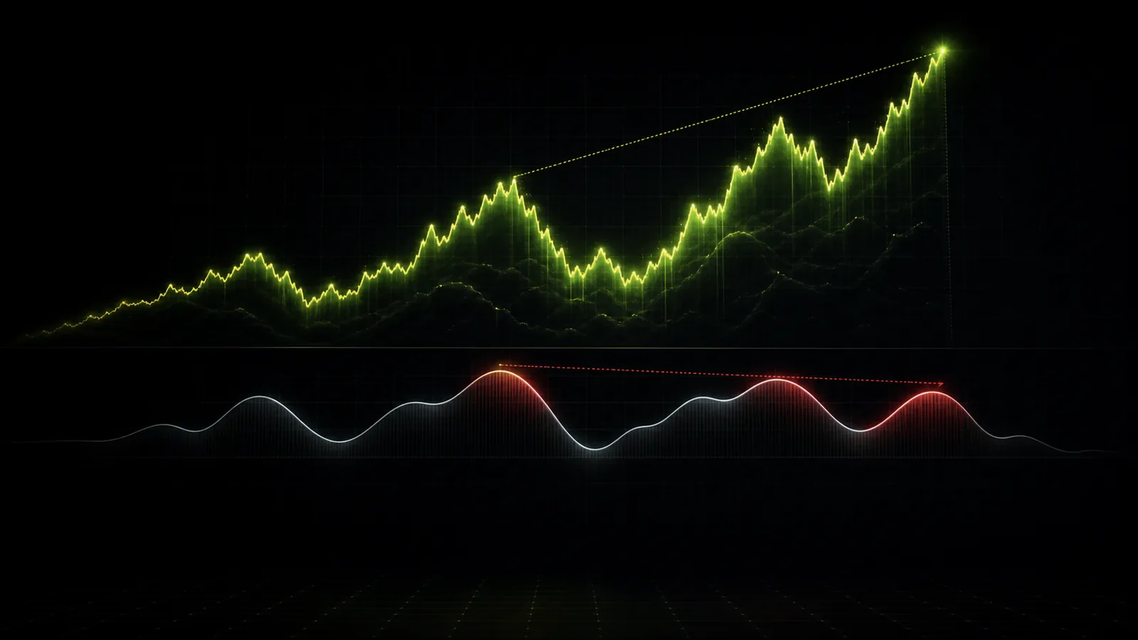 Price and momentum diverge across stacked chart panels