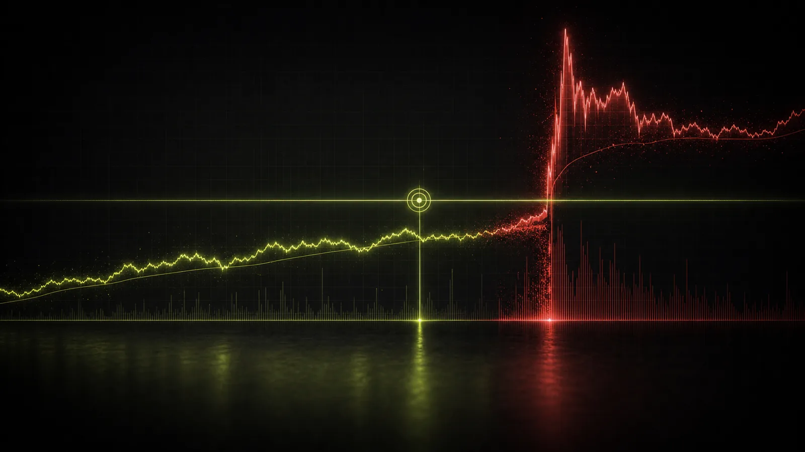 A calm lime line torn into a violent red gap at a scheduled moment
