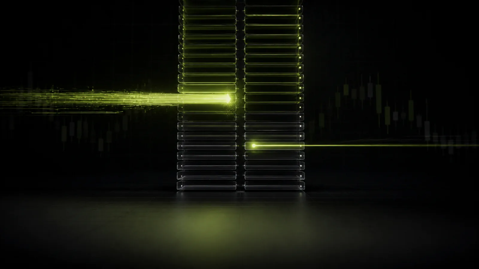 A glowing order book ladder with one order crossing the spread and one resting