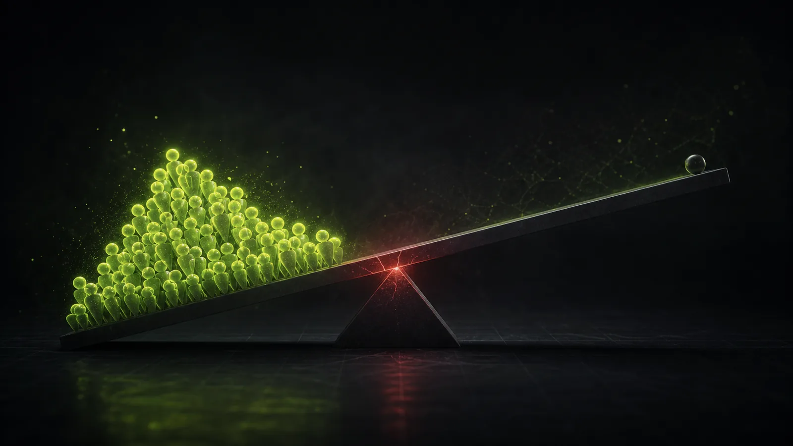 A crowded beam tips heavily to one side under strain
