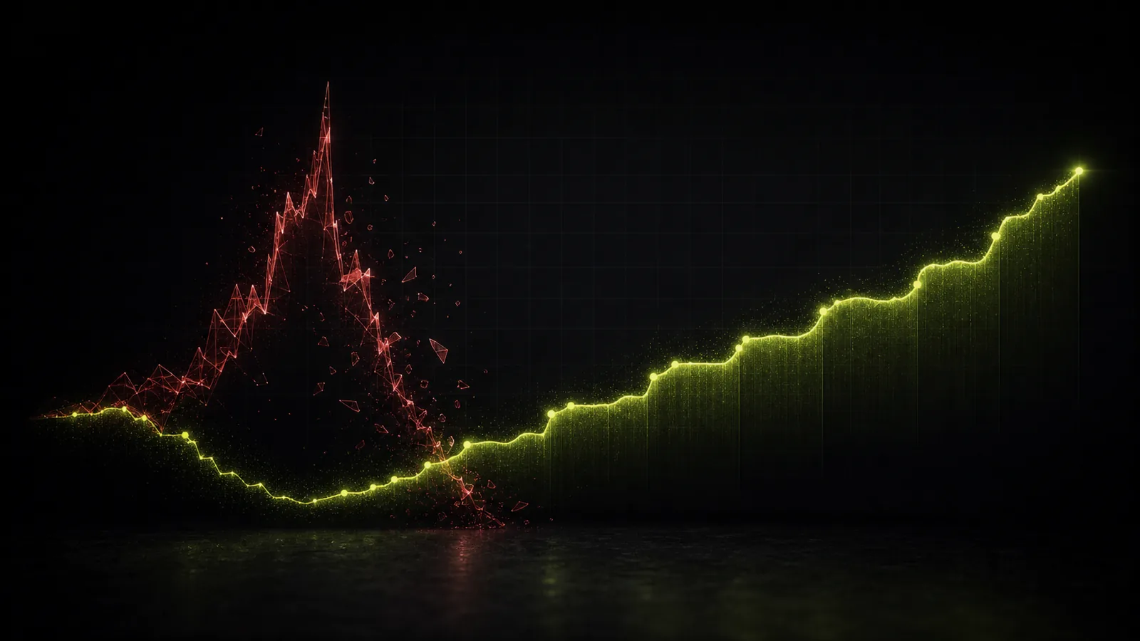 A lime equity ribbon climbs out of a trough while a red blow up spikes beside it