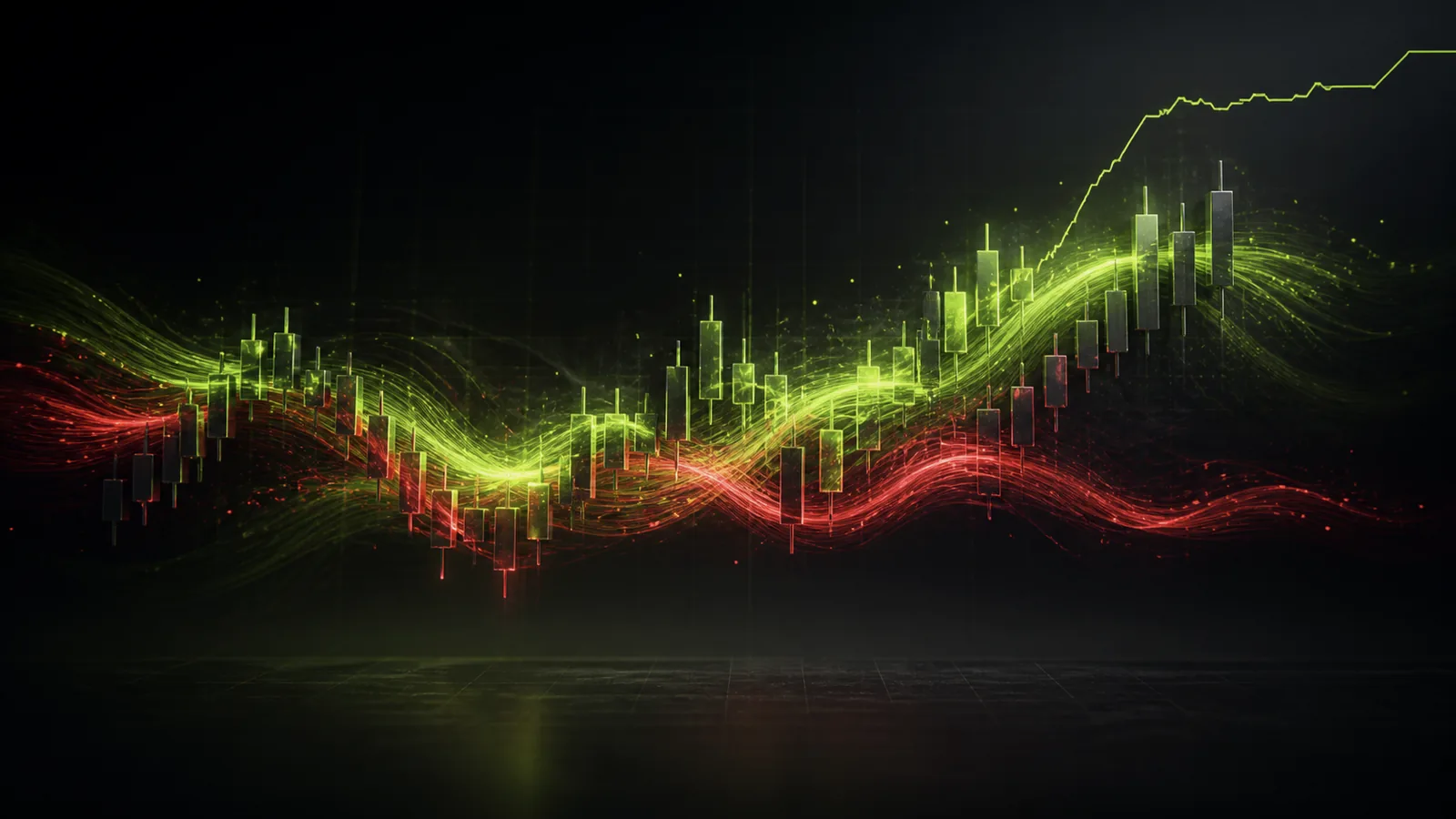 A green buy flow and a red sell flow braiding through glowing candlesticks