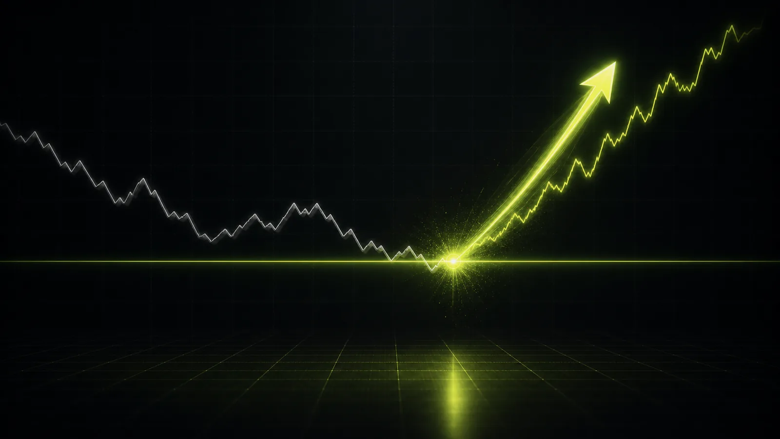 A grey price line confirms a hold and a lime trigger fires into the move