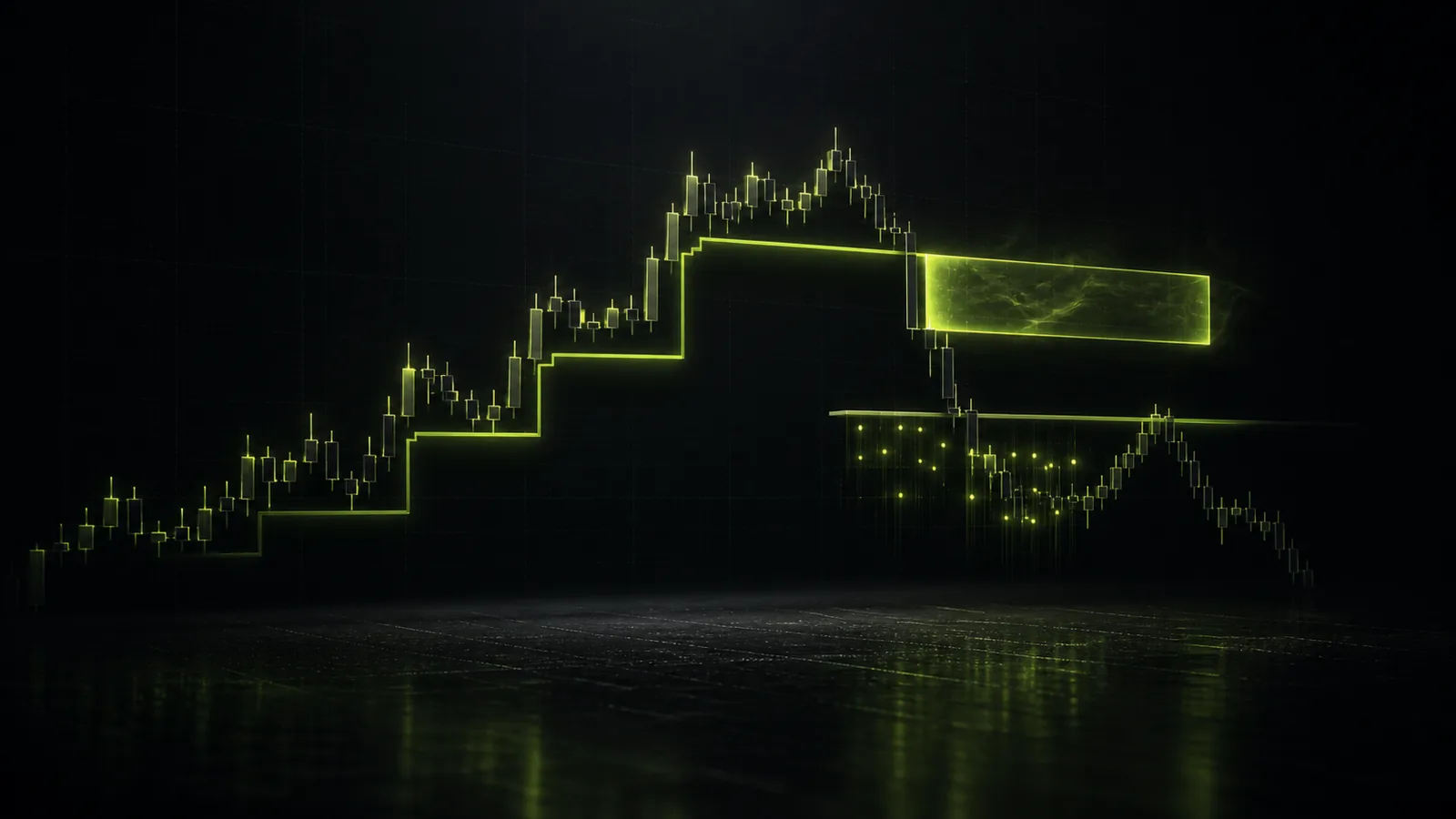 A stepped price structure with a glowing imbalance gap and a swept pool of liquidity