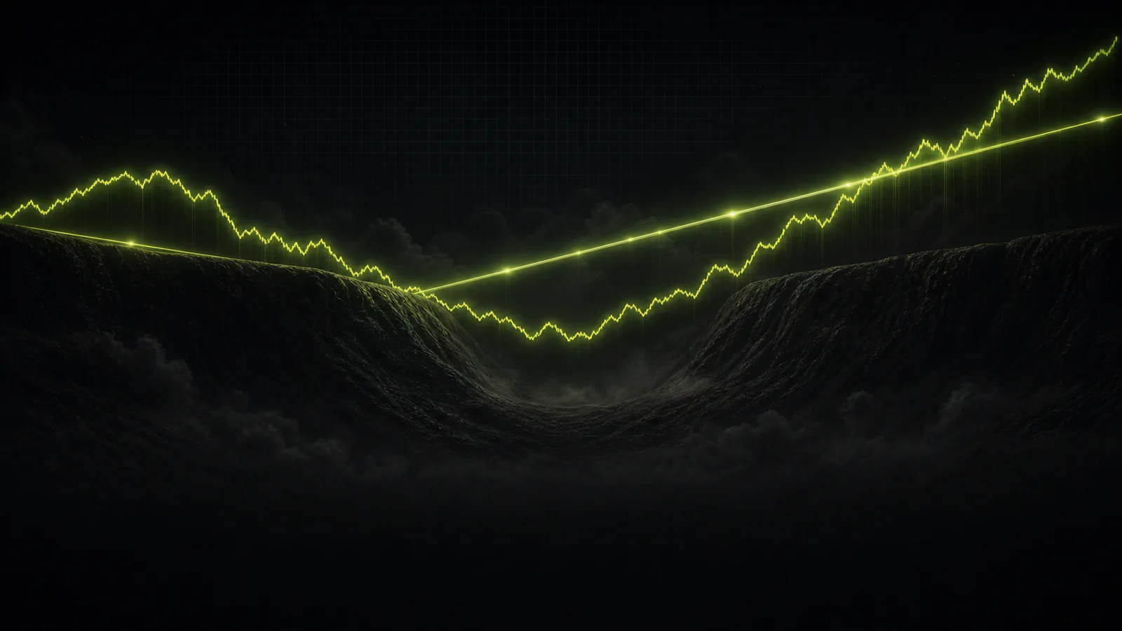 A lime equity line rides a steady guide rail through a valley