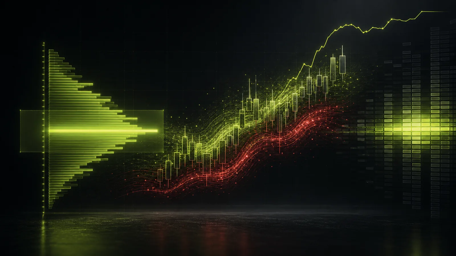 A glowing fair value line with standard deviation bands around candlesticks