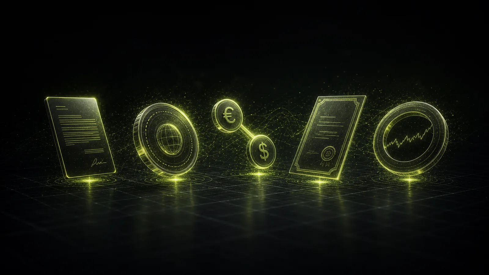 A fan of glowing instrument tokens arranged like a selection of cards