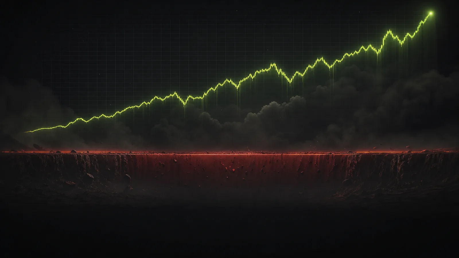 A lime equity line rises safely above a red ruin floor that swallows anything touching it