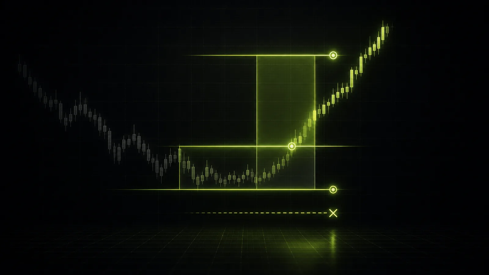 A glowing trade blueprint marks entry stop and target before price moves