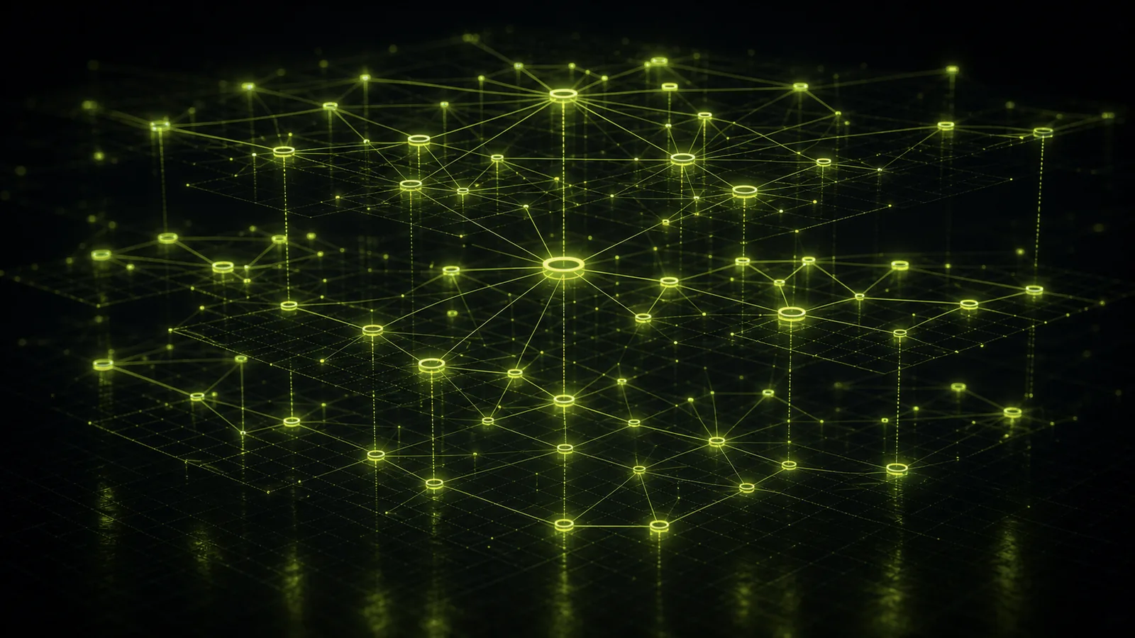 A dense lattice of connected lime nodes recedes in depth