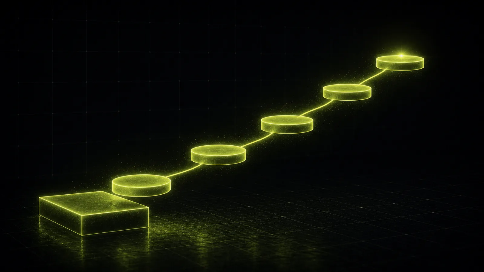A few simple glowing stepping stones rise from a calm foundation