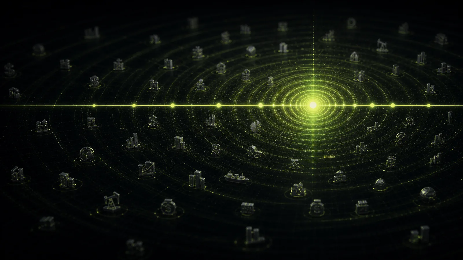 A macro pulse sends a ripple through a field of scattered asset markers