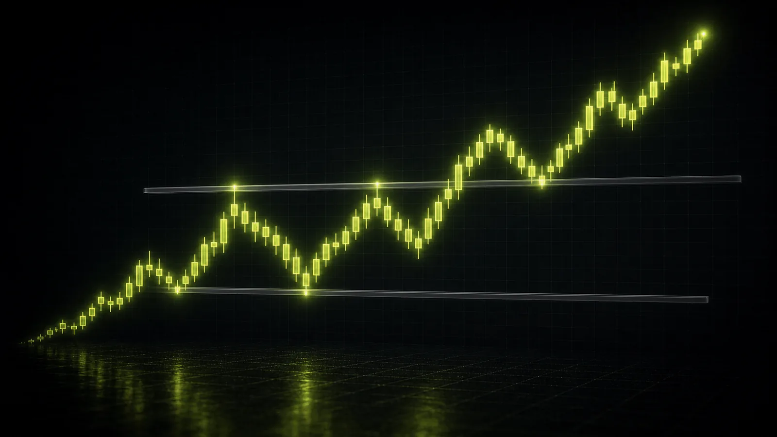 A staircase of higher highs and higher lows crosses support and resistance levels