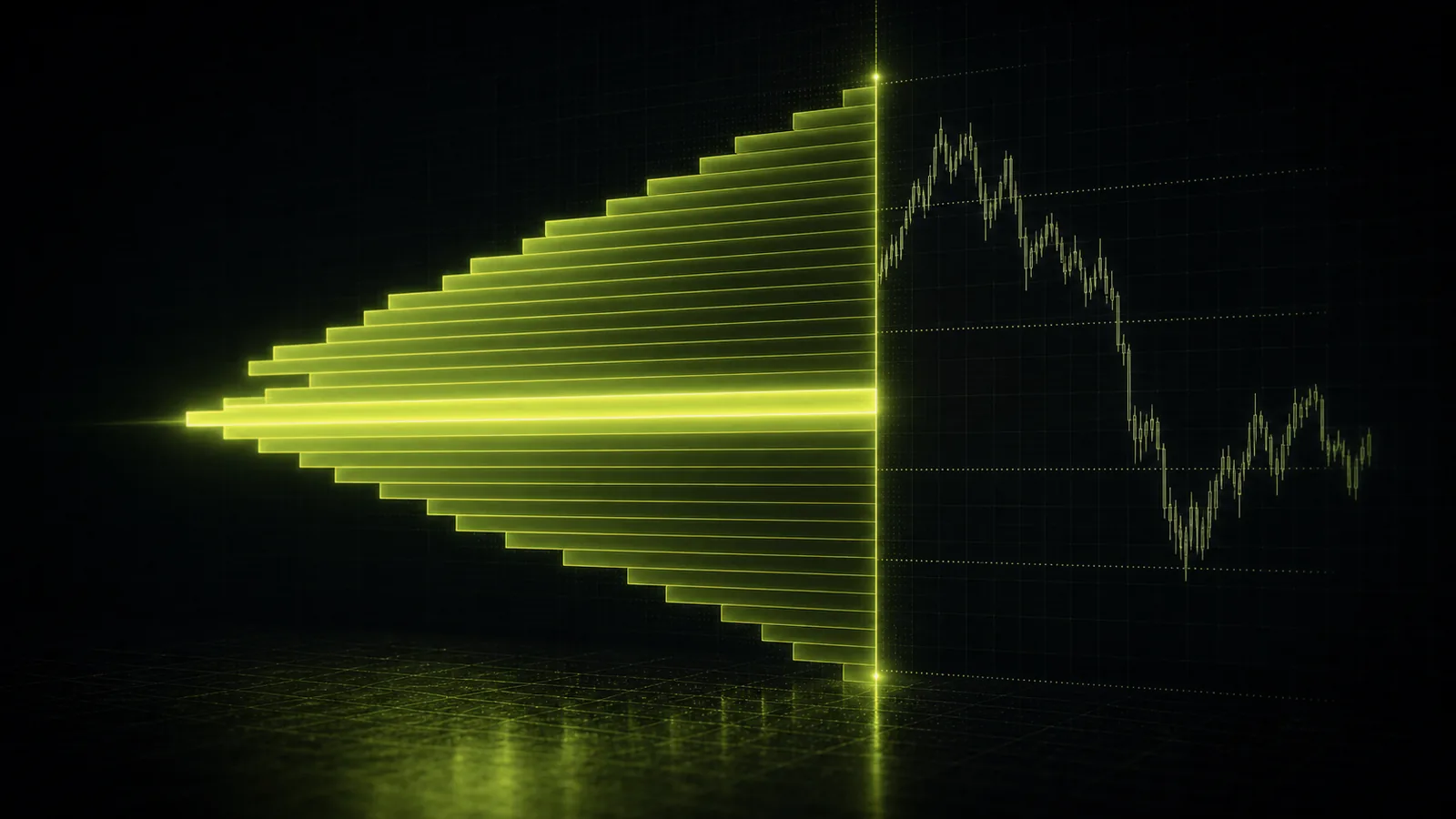 A horizontal volume profile with a bright point of control beside a faint price line
