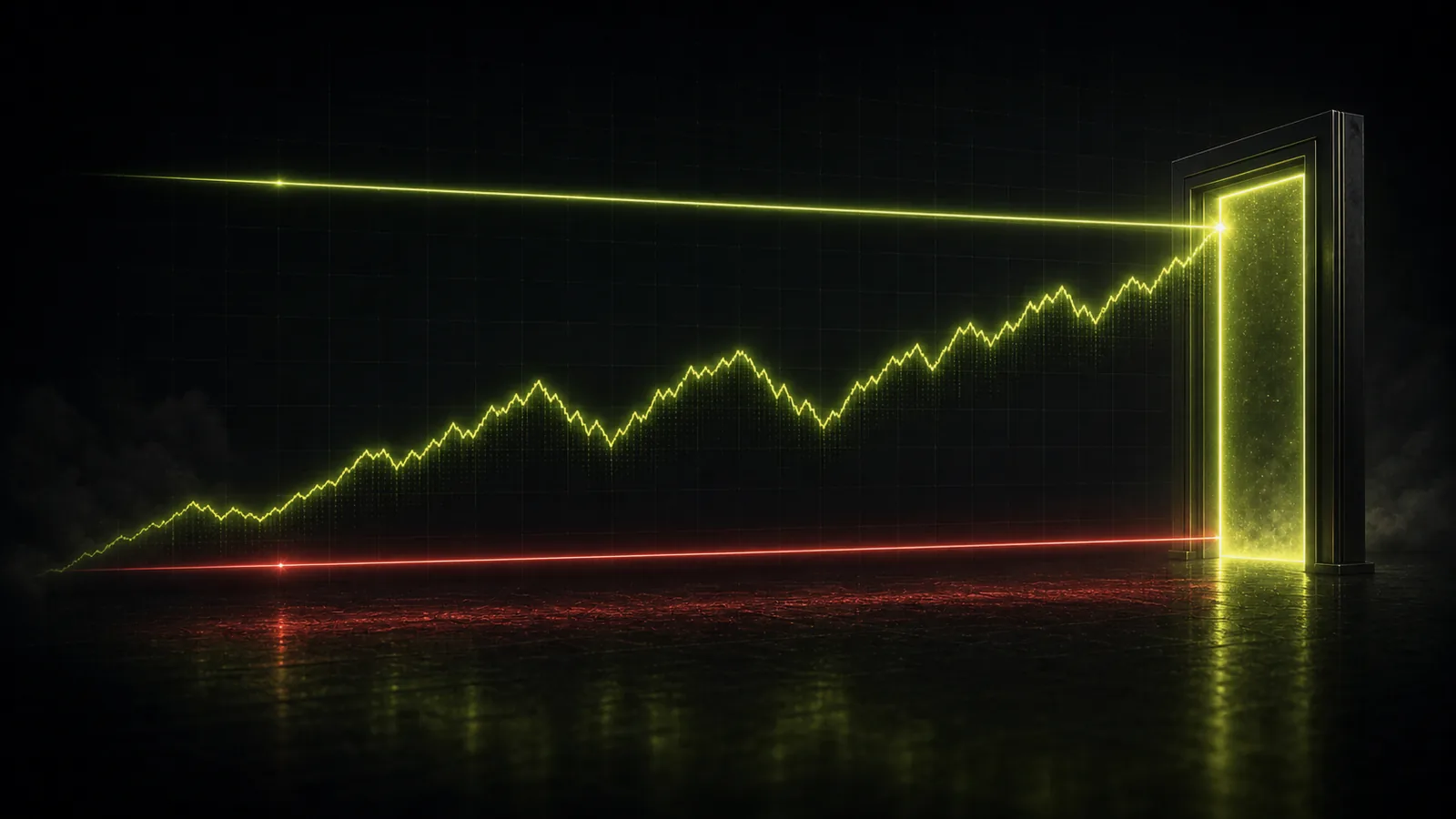 An equity line threads target and drawdown rails toward a glowing gate