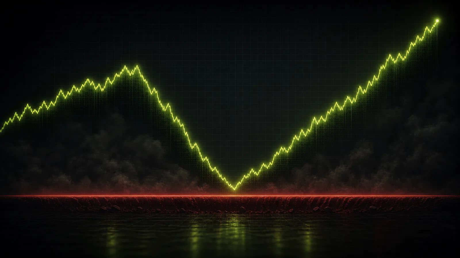 An equity line survives a valley above a red ruin floor