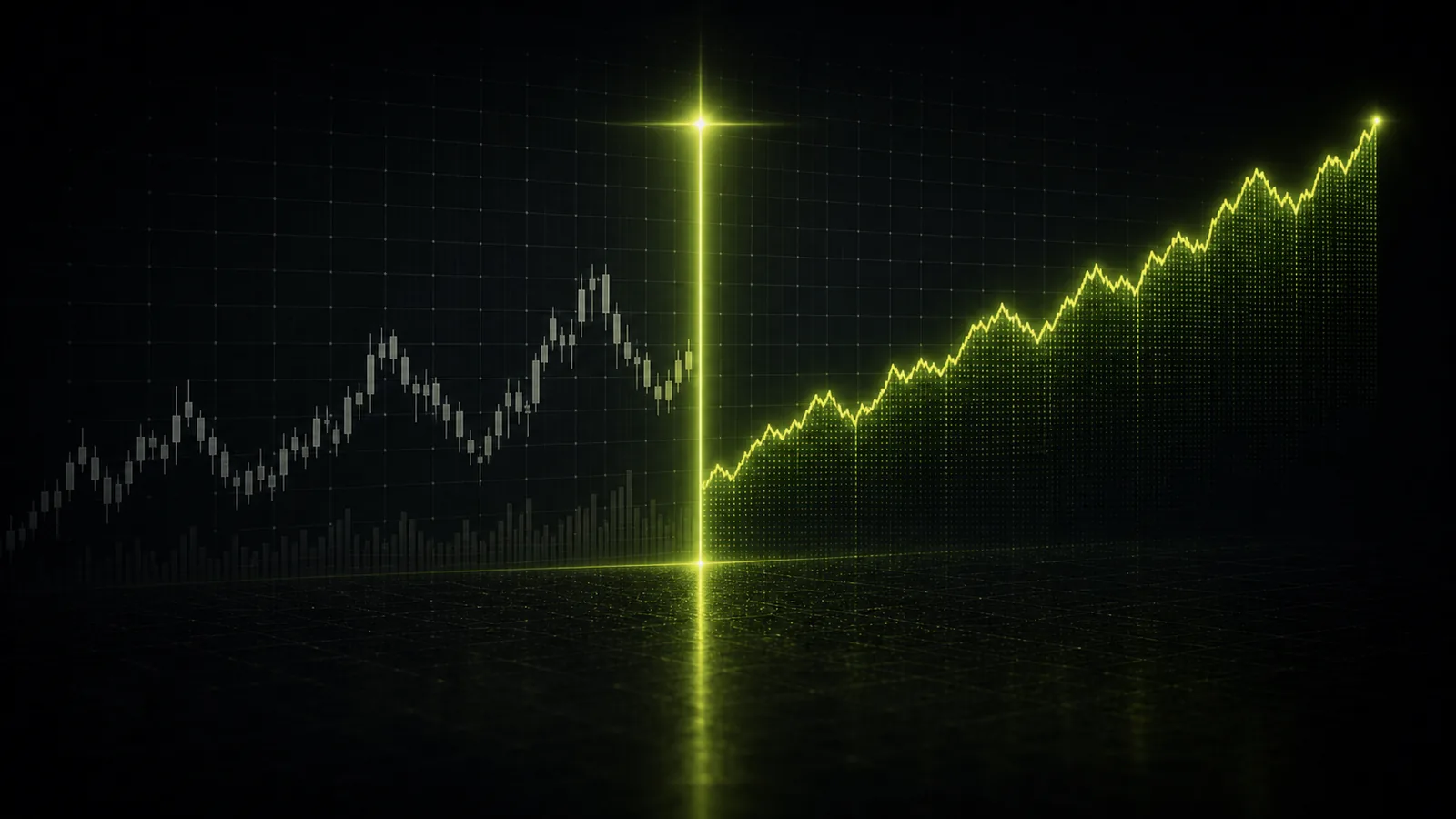 A scan line replays historical bars into a bright equity curve