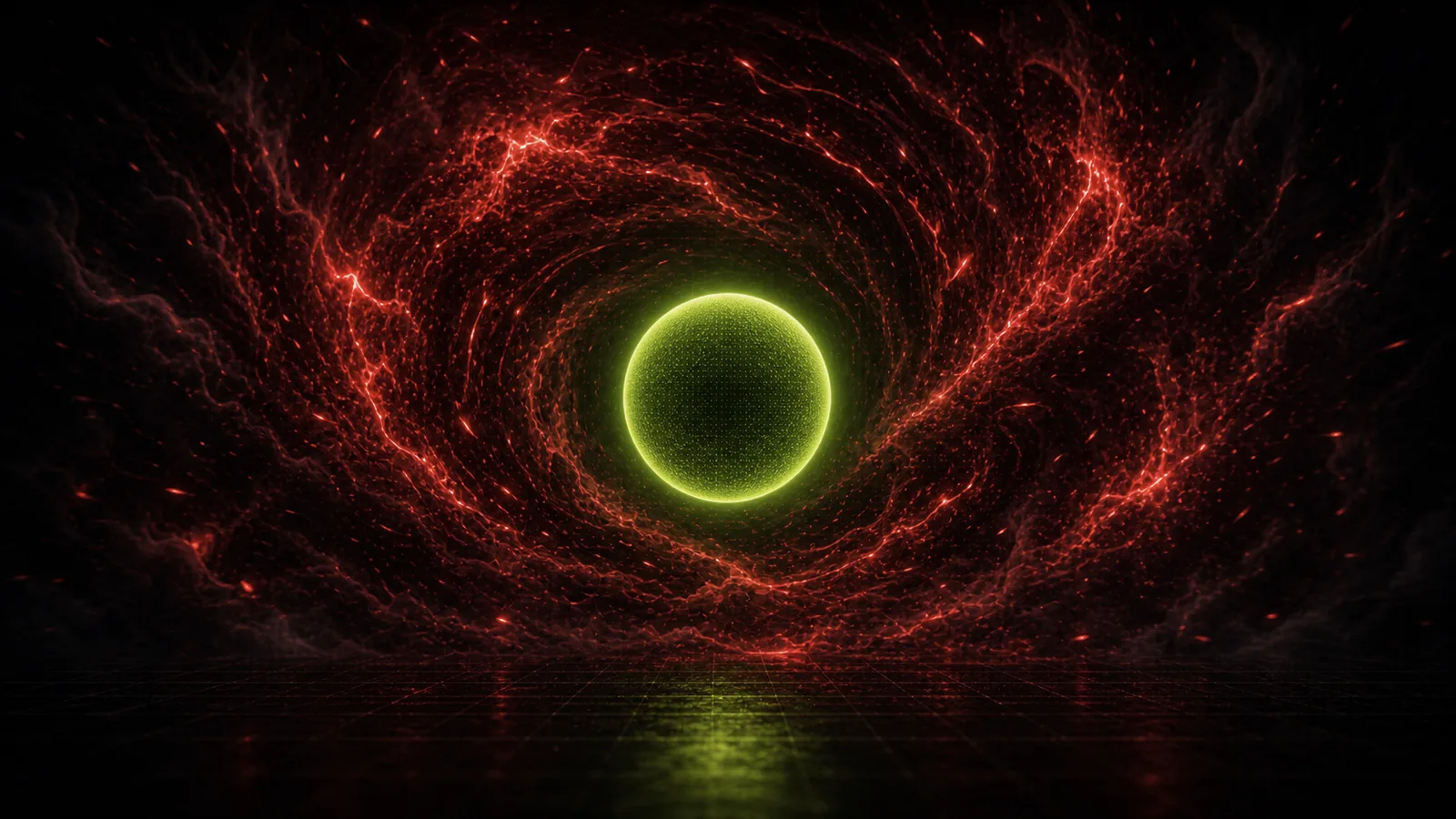 A calm lime core sphere holds steady while red turbulence swirls around it